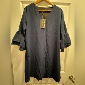 Elegant V Neck Swing Shift Navy Blue Dress with Ruffled Sleeves NWT